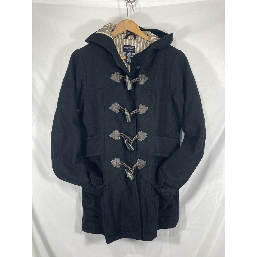 American Eagle Hooded Coat Womens Small Black Wool Blend Duffle Horn Toggle Pea